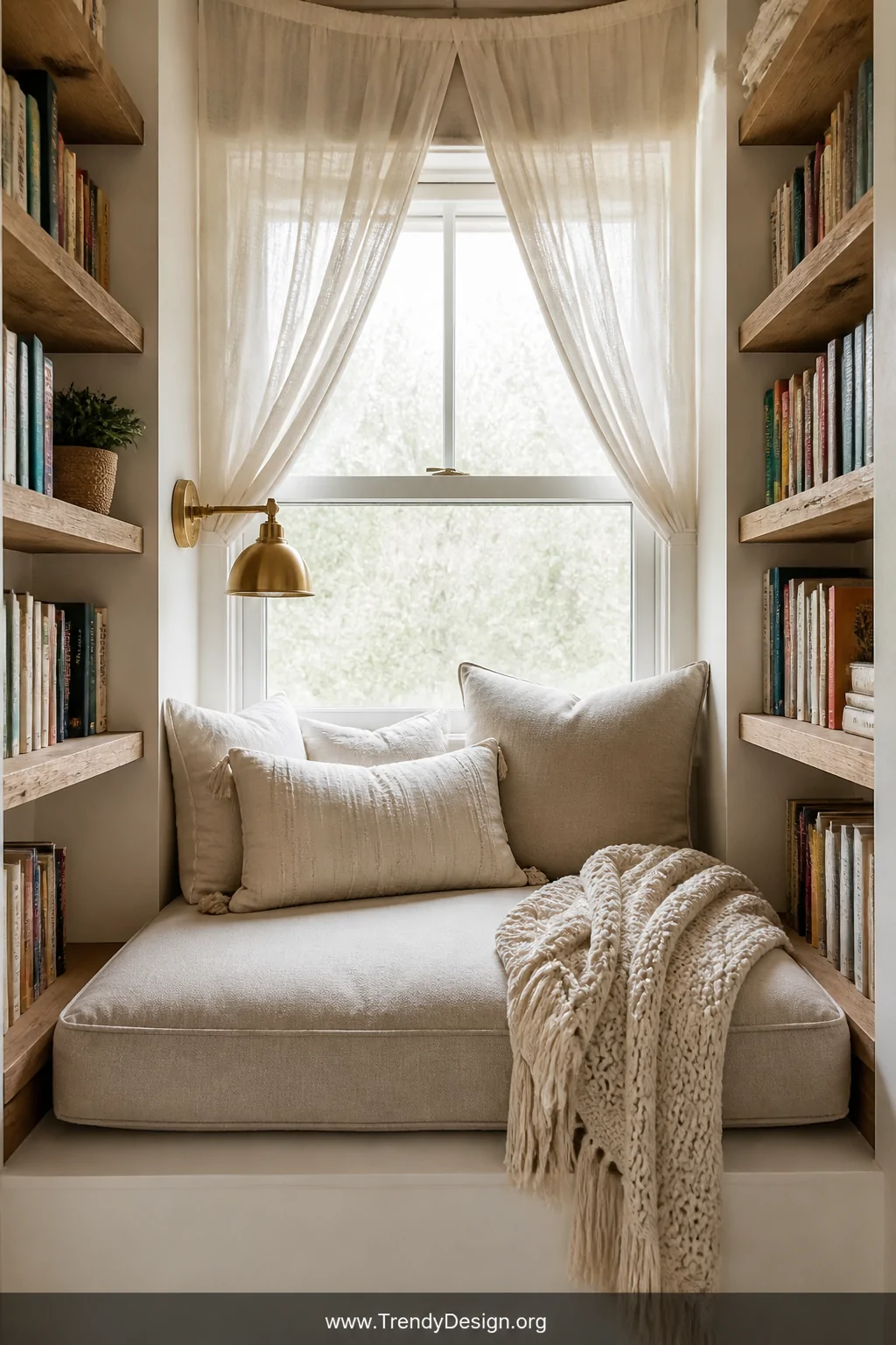 Closeup detail shot of a cozy reading nook built into a window alcove with a thick cushioned window seat in warm oatmeal line