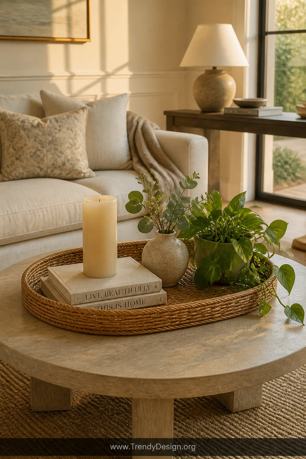 A styled medium shot of a round coffee table with a large oval rattan tray positioned at center, holding a tall cream pillar 