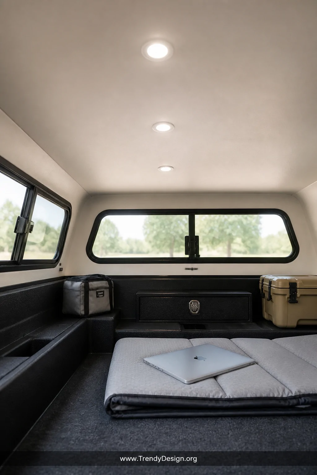 Medium close-up shot of a camper shell ceiling with three evenly spaced recessed 12V puck lights mounted flush into a smooth 