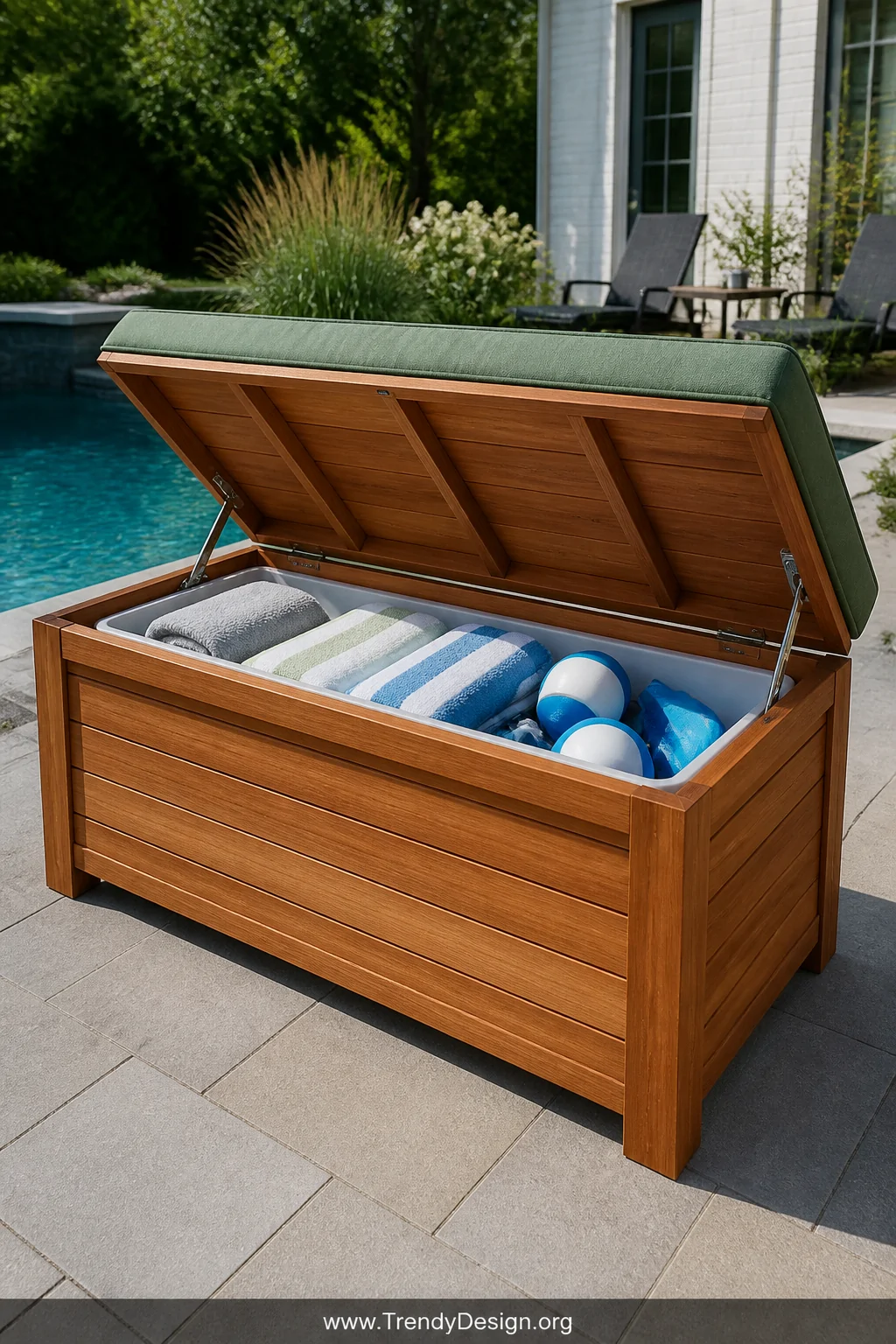 A wide outdoor shot of a cedar storage bench with a clean horizontal plank construction and warm honey-brown wood tones, posi