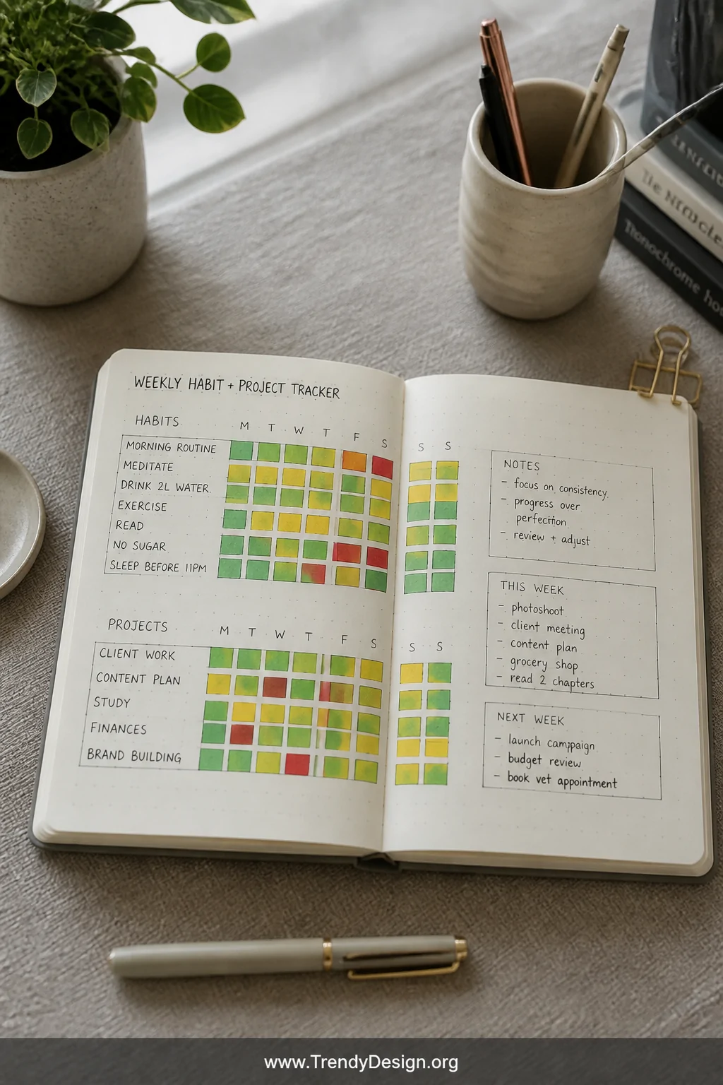 A medium overhead shot of an open bullet journal on a linen-textured desk, displaying a weekly habit and project tracker grid
