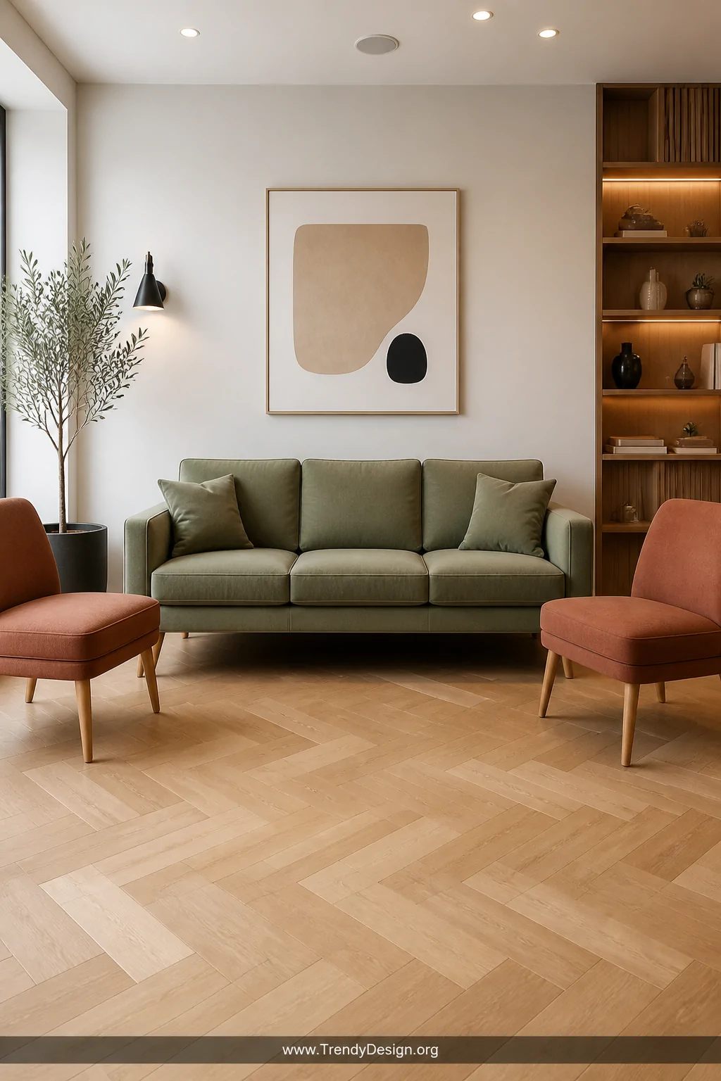 Medium shot of a compact three-seater sofa with slim tapered timber legs in light oak, narrow armrests upholstered in soft sa