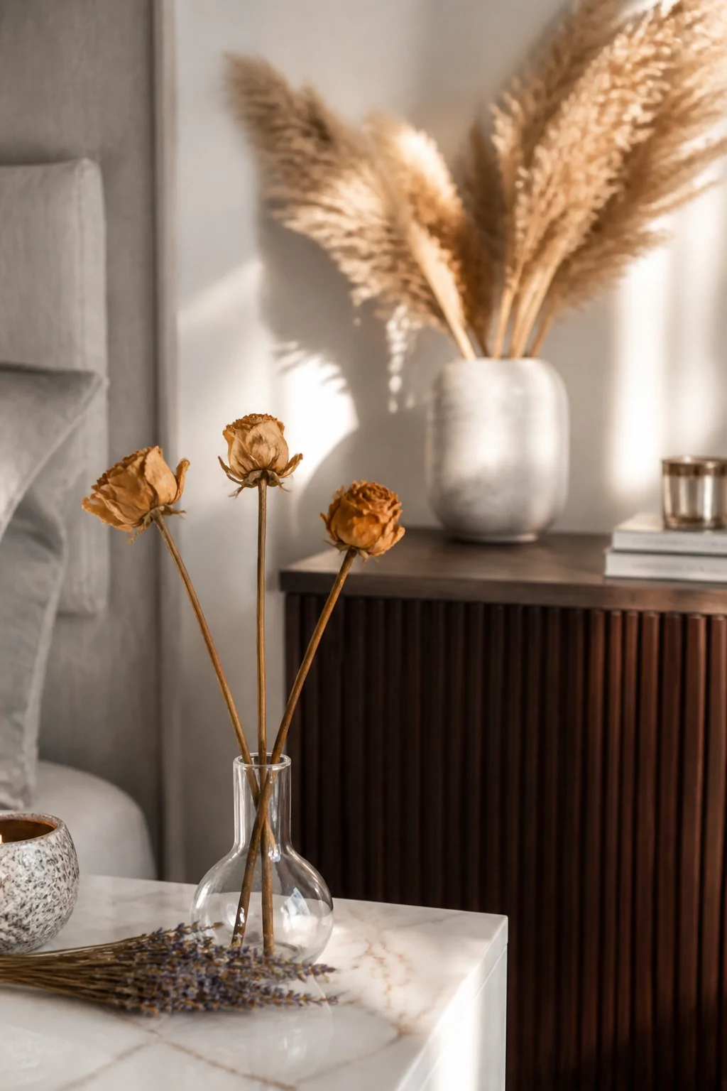 Close-up detail shot of a white marble nightstand holding a small clear bud vase with three stems of dried preserved roses an