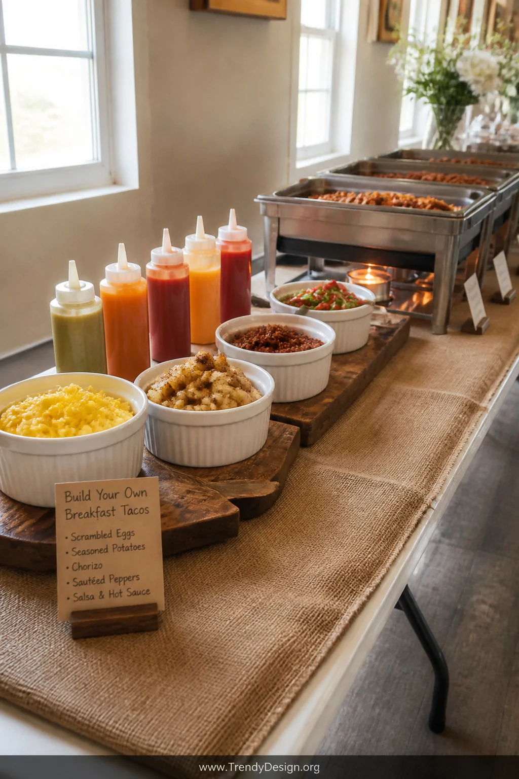 Wide shot of a long folding table covered with a textured burlap runner and worn wooden serving boards, holding individual wh