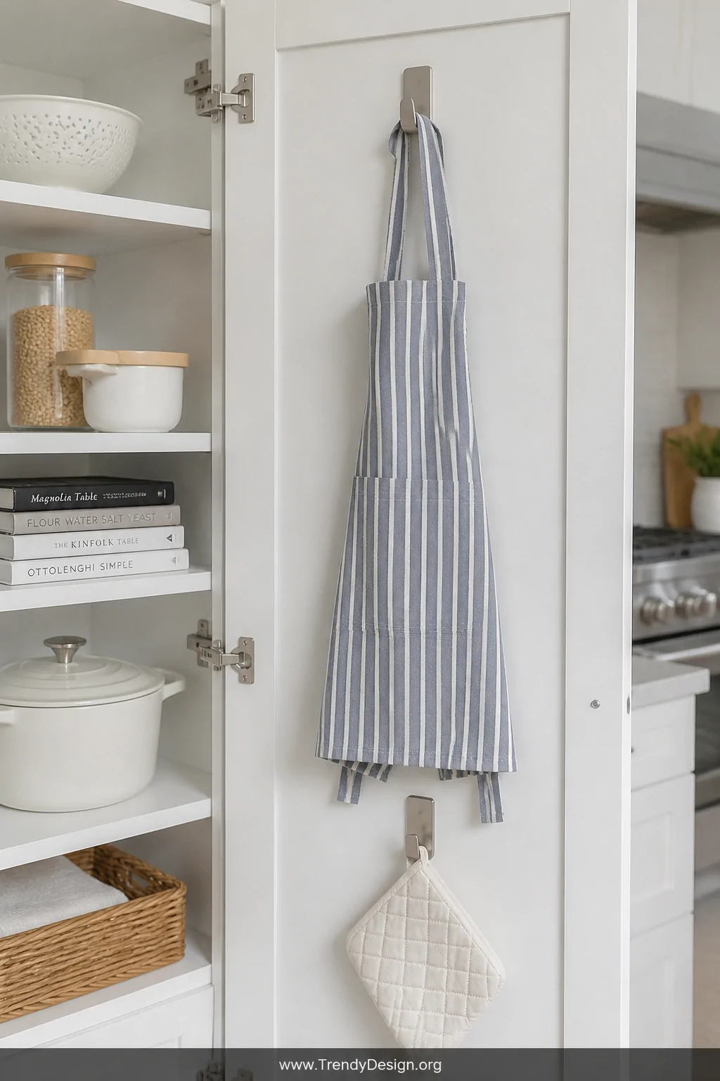 Close-up detail shot of the inside of a white painted kitchen cabinet door, a slim brushed nickel adhesive hook mounted at ce
