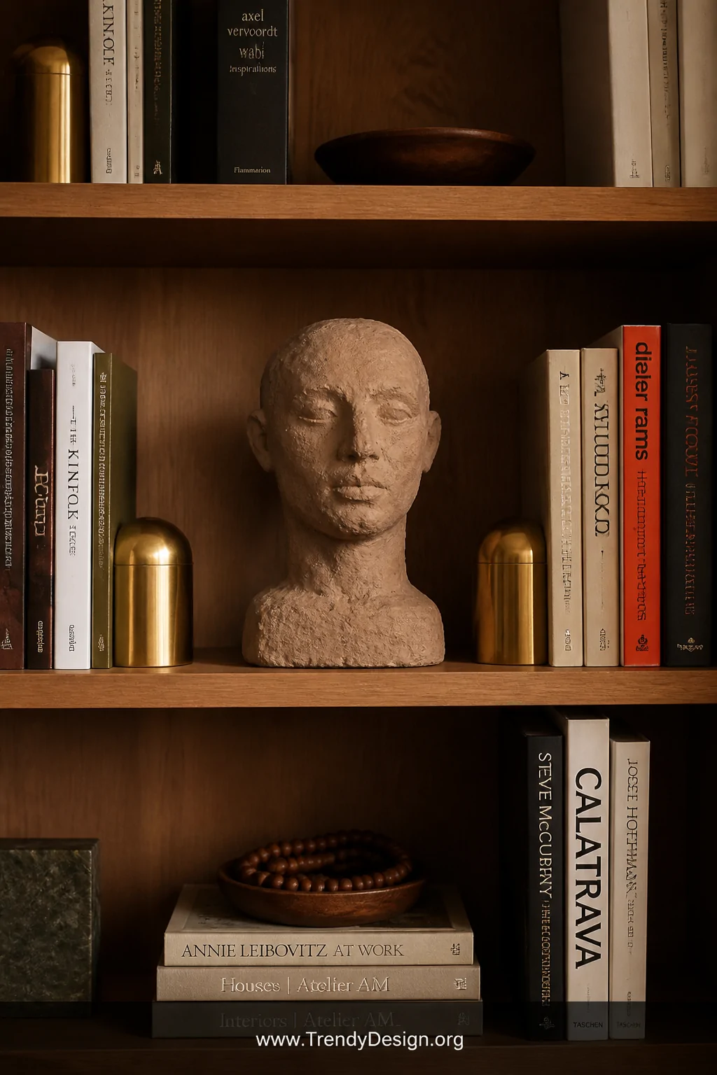 A medium shot of a styled wooden bookshelf with a raw earthy clay head sculpture centered on the middle shelf, surrounded by 