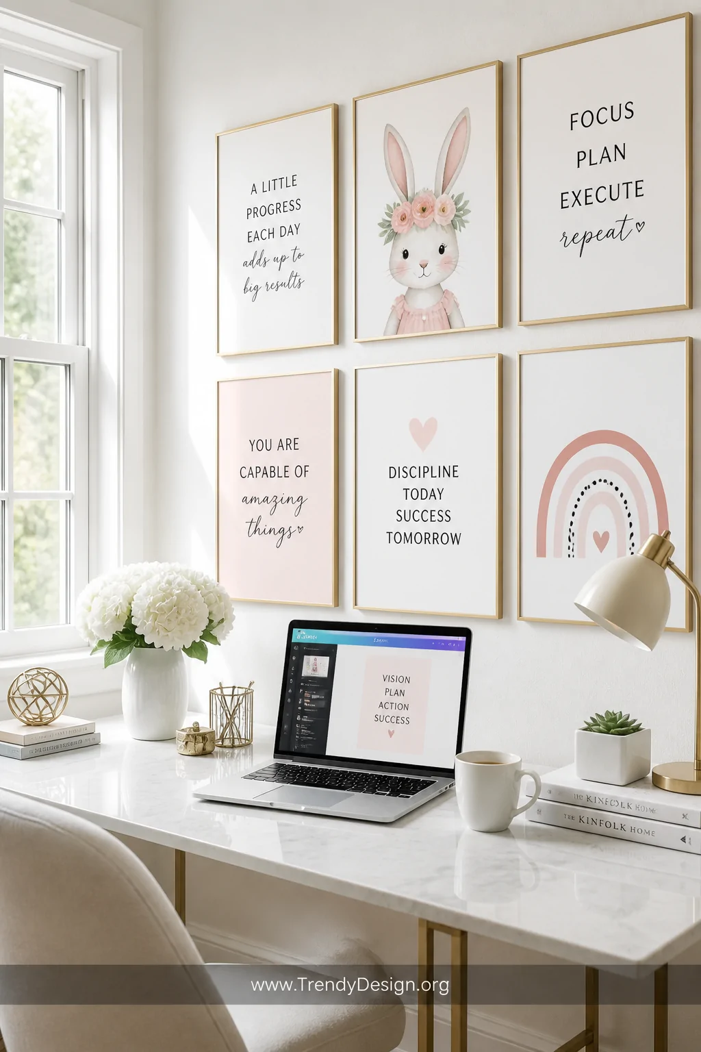 A bright Scandinavian-style home office nook with a white wall gallery displaying framed motivational quote prints and pastel