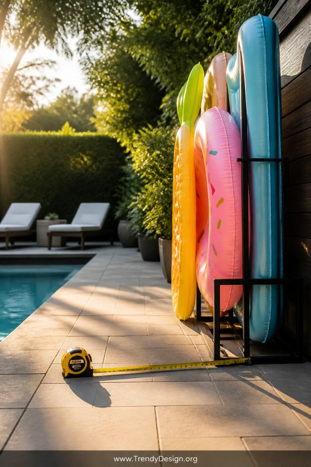 Wide-angle shot of a sun-drenched backyard patio showing a tape measure resting on concrete pavers beside a freestanding vert