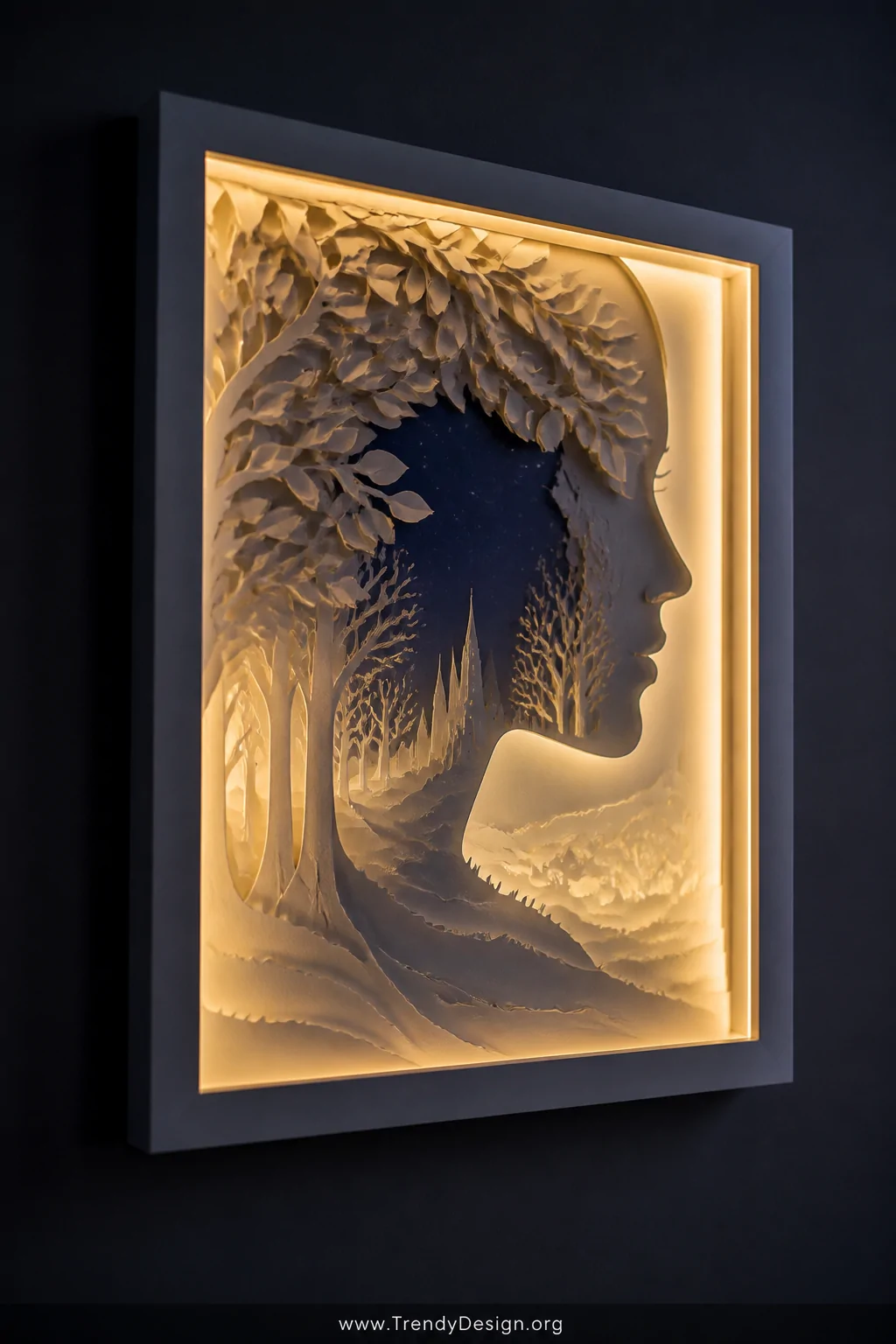 A closeup shot of a backlit framed layered paper cut portrait glowing luminously against a dark room background, multiple sta