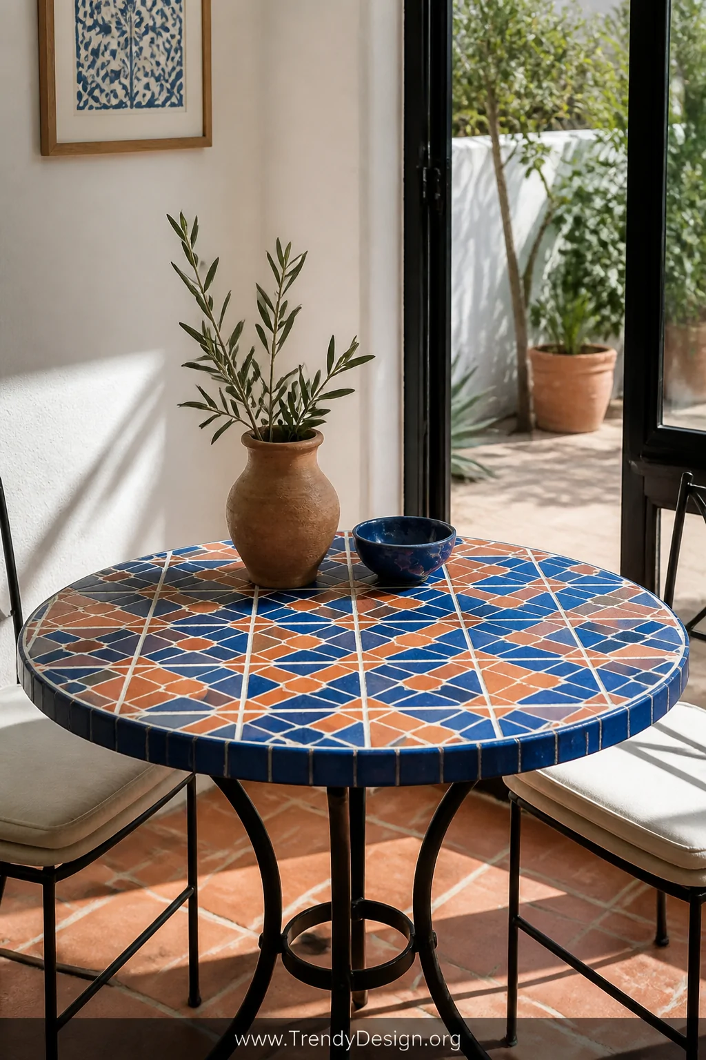 A medium shot of a round bistro-style table resurfaced with bold Mediterranean ceramic tiles in cobalt blue and terracotta ge