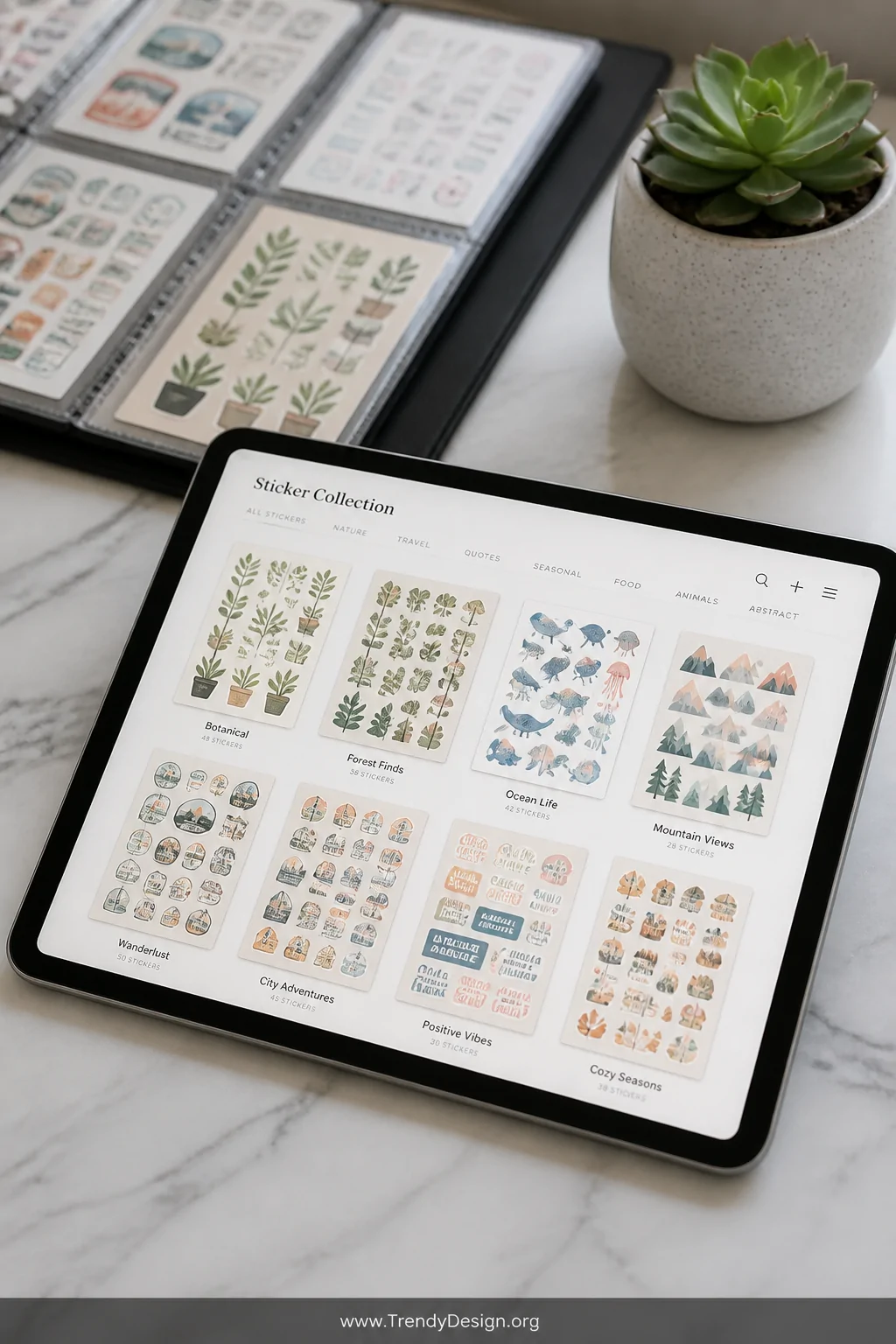 A close-up detail shot of a marble-effect desk surface holding a tablet displaying a neatly organized photo catalog grid of c