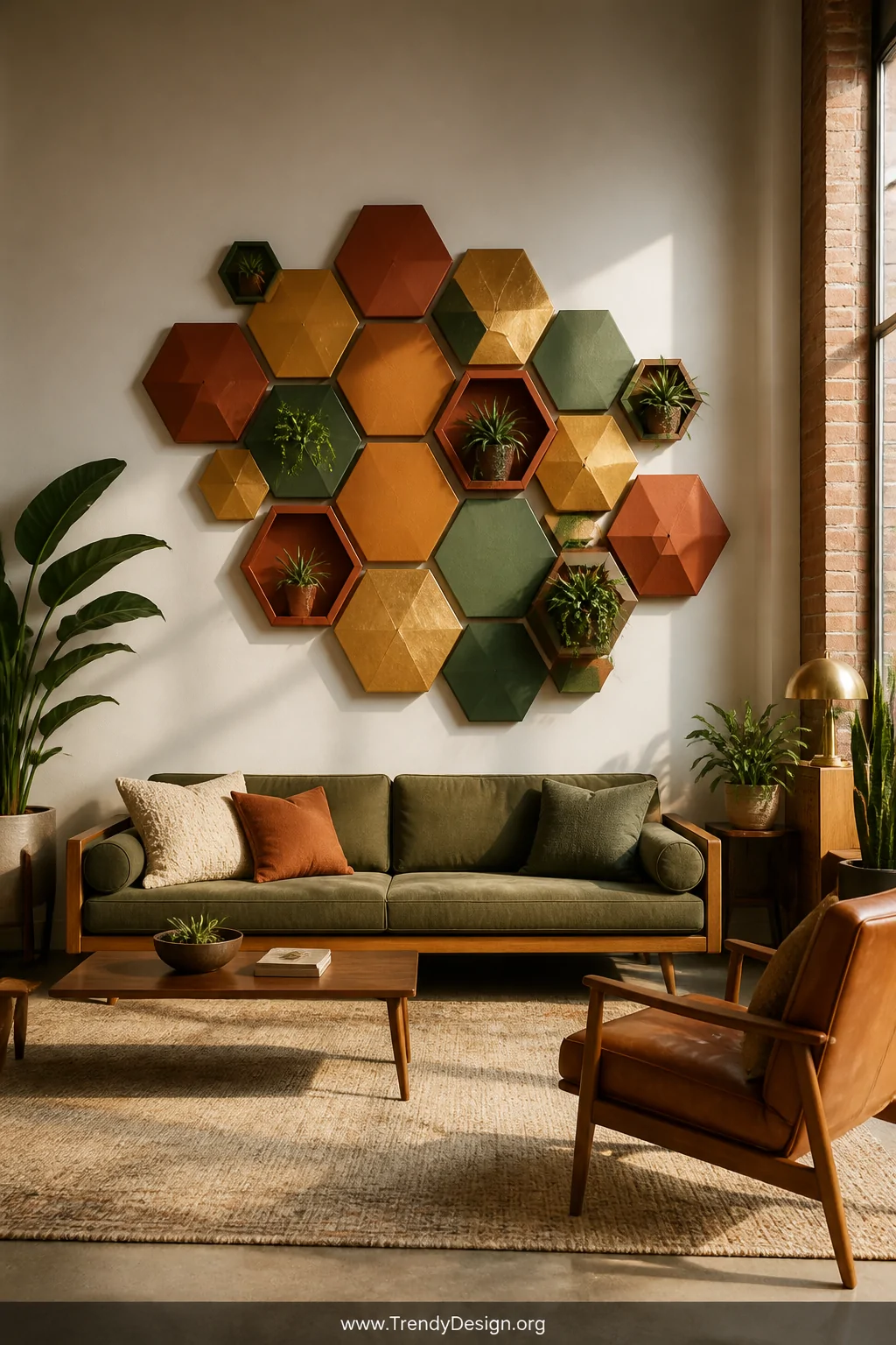 A wide living room shot featuring a dramatic cluster of hexagonal wall panels mounted above a mid-century sofa, panels varyin