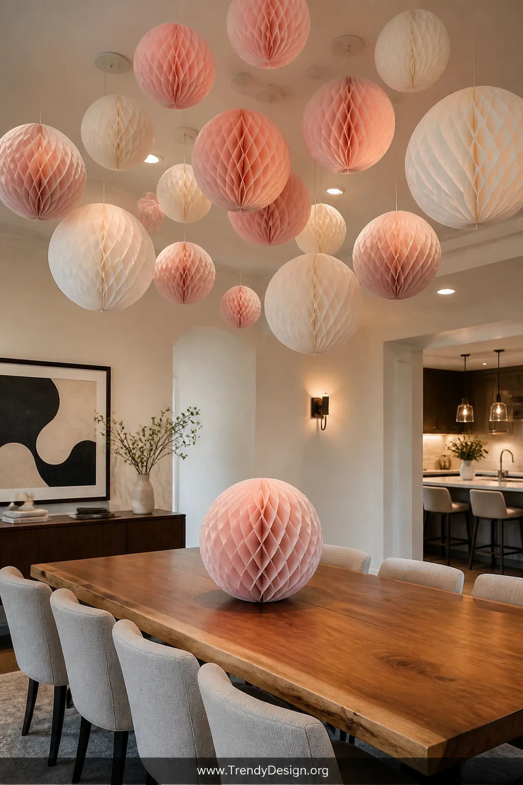 A wide dining room shot with a dreamy ceiling installation of monochromatic blush pink and ivory expandable honeycomb paper o