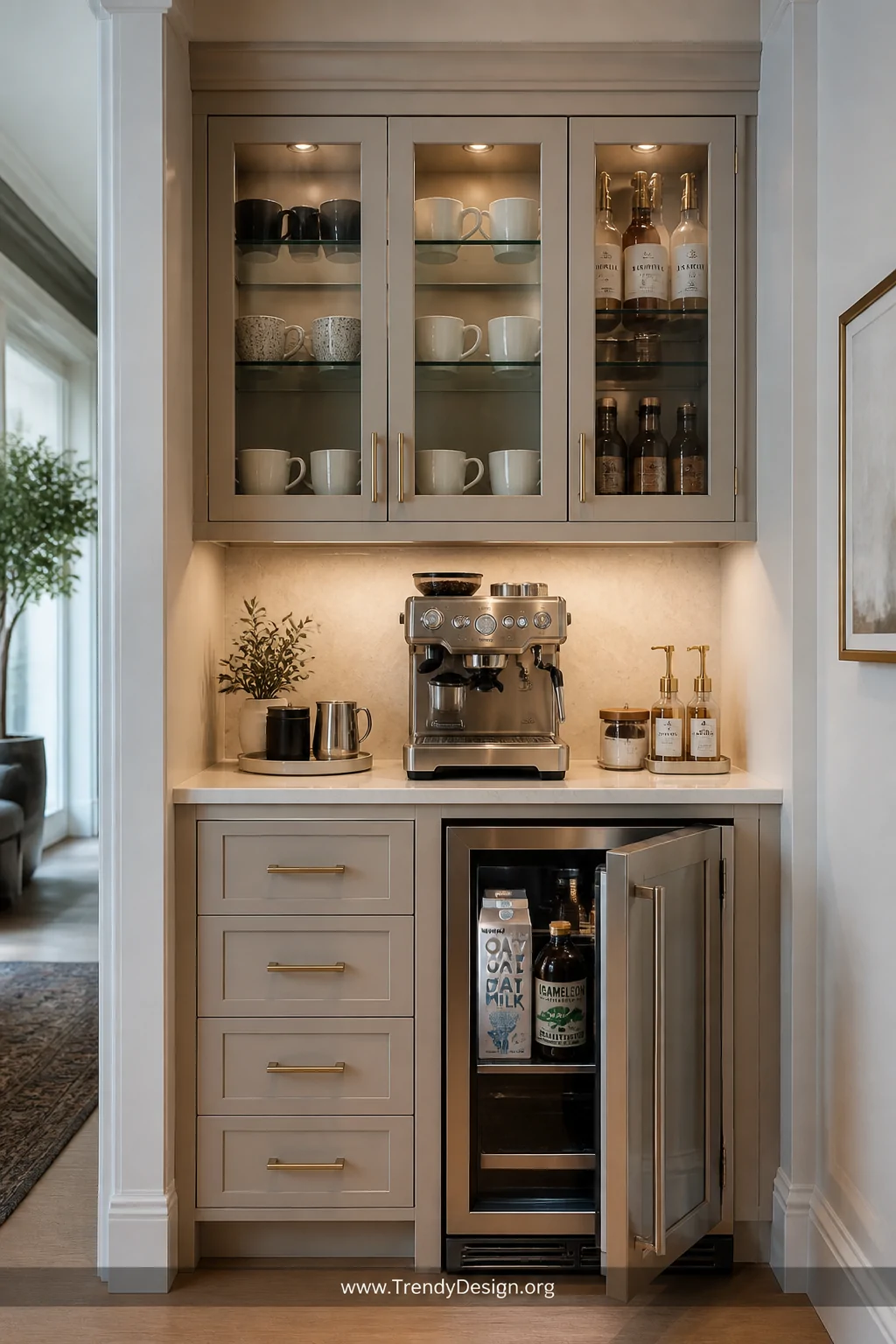 Wide shot of a fully built-in closet coffee bar with a polished quartz compact countertop, upper cabinets with glass-front do