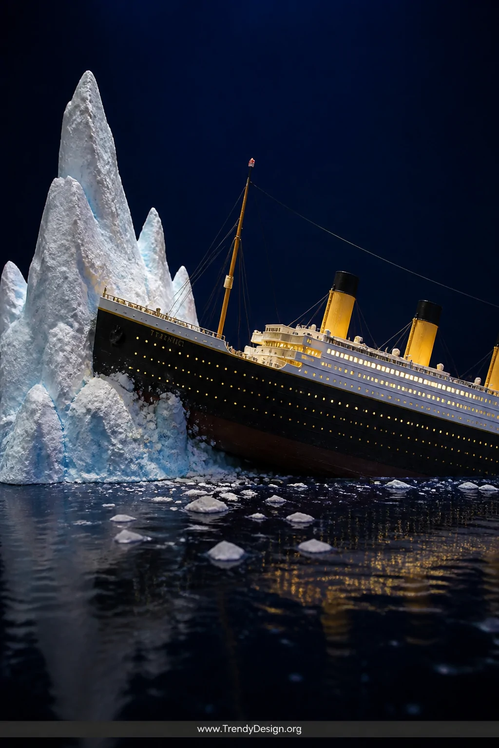 A wide dramatic shot of a Titanic iceberg collision diorama scene set against a deep navy background, with a jagged white spa
