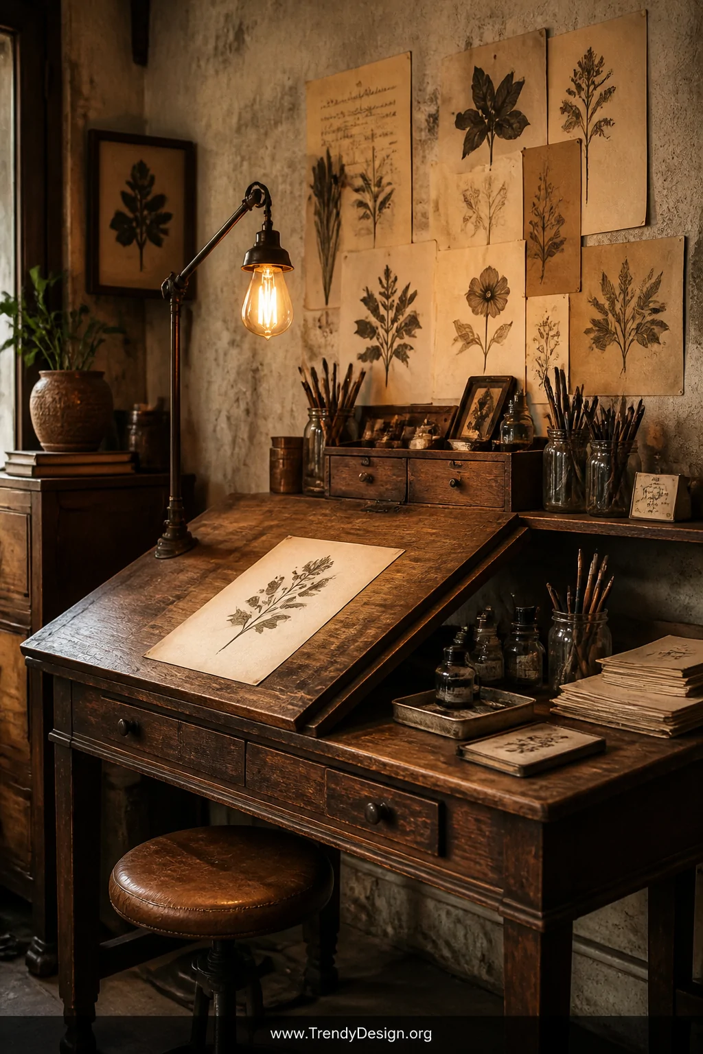 Medium shot of a vintage artist atelier drawing setup with a dark honey-toned wooden drafting table angled with its tilting s