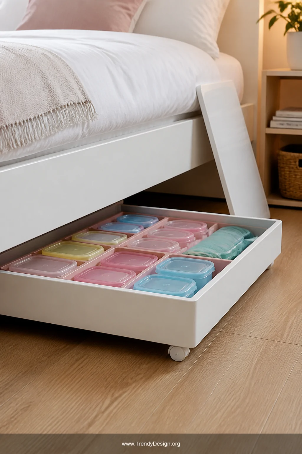 Close-up detail shot at floor level of a flat white rolling storage bin being pulled out from beneath a low white bed frame, 