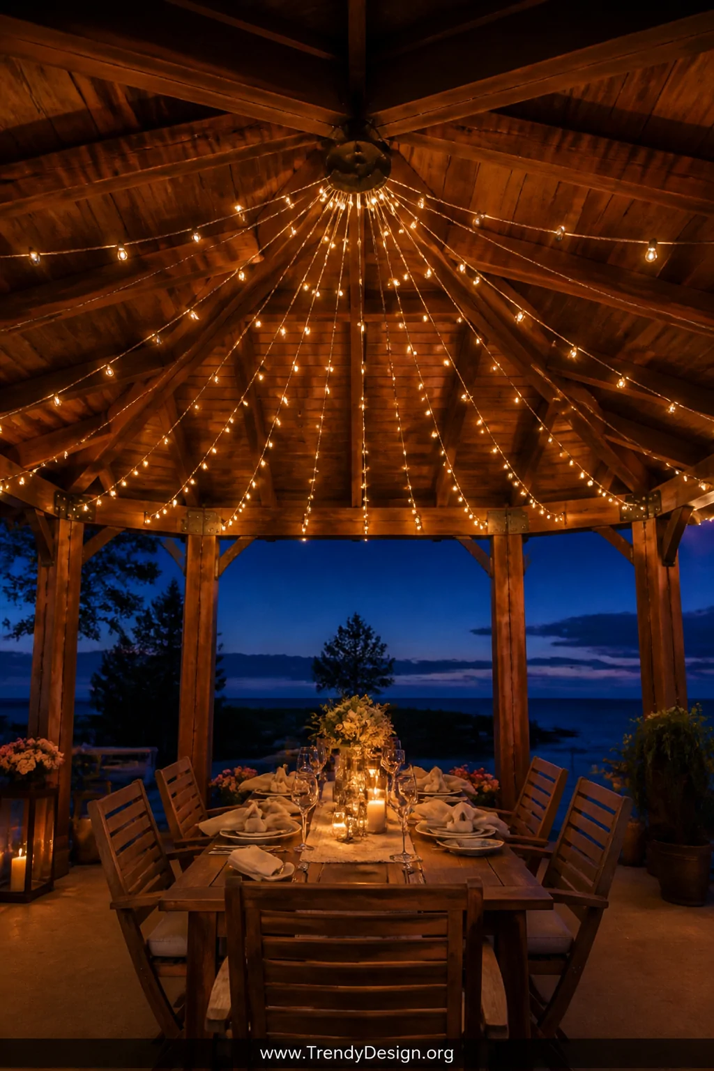 A wide shot of a wooden gazebo at twilight with warm Edison-style string lights draped in a dramatic starburst canopy from a 