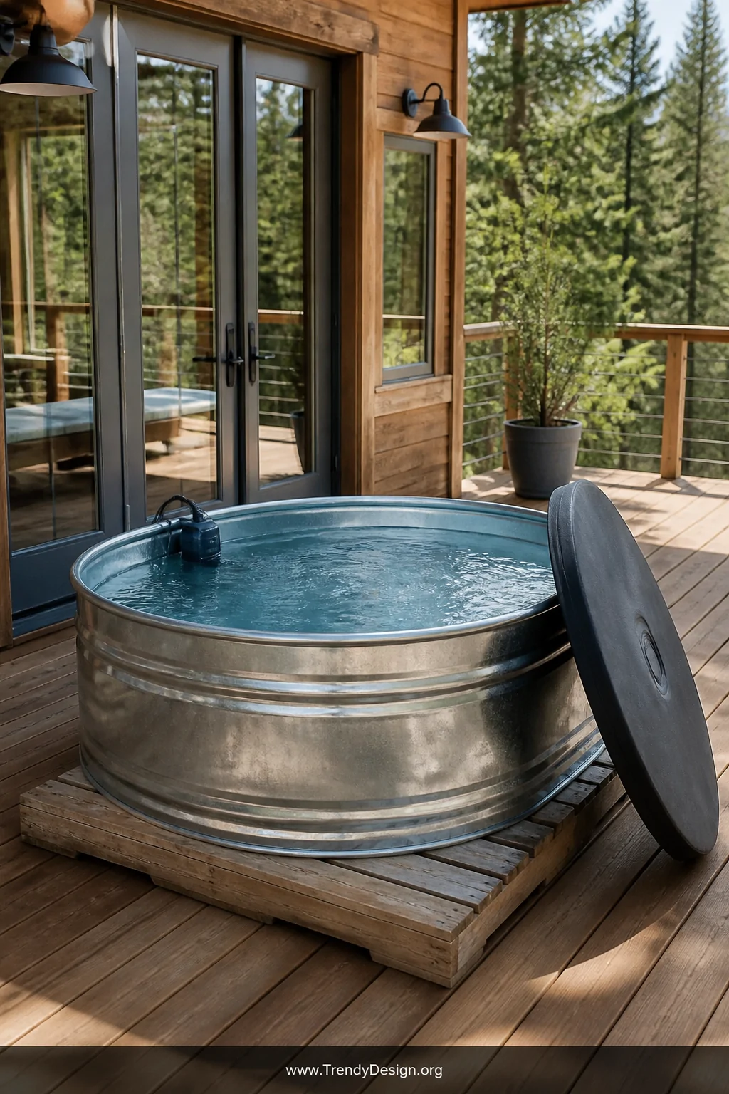 Wide outdoor deck shot of a shiny galvanized metal stock tank filled with clear cold water resting on a weathered wooden pall