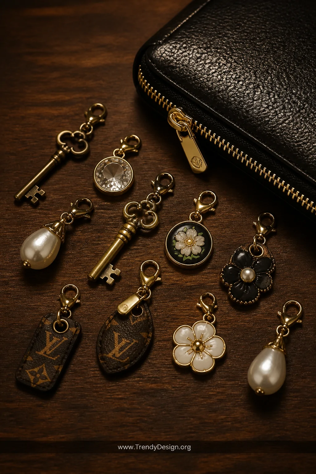 A close-up macro shot on a dark walnut surface of a beautifully curated collection of zipper pull charms including miniature 