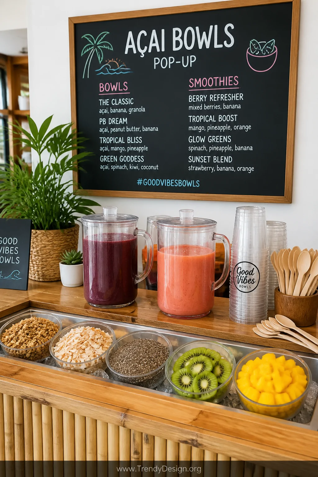 Medium shot of a vibrant smoothie and acai bowl pop-up station with covered pitchers of deep purple and coral smoothie bases 