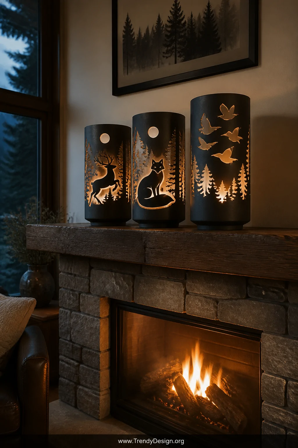 A wide shot of a cozy living room mantelpiece displaying three large cylindrical ceramic vessels carved with bold woodland an