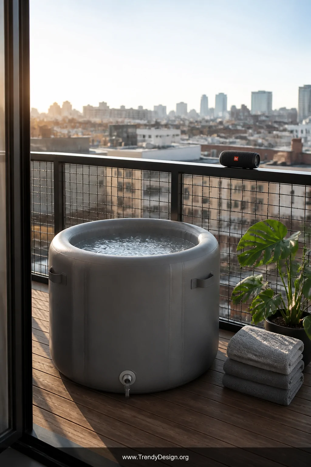 Medium balcony shot of a round inflatable cold plunge tub with thick insulated grey walls filled with icy water, a compact dr