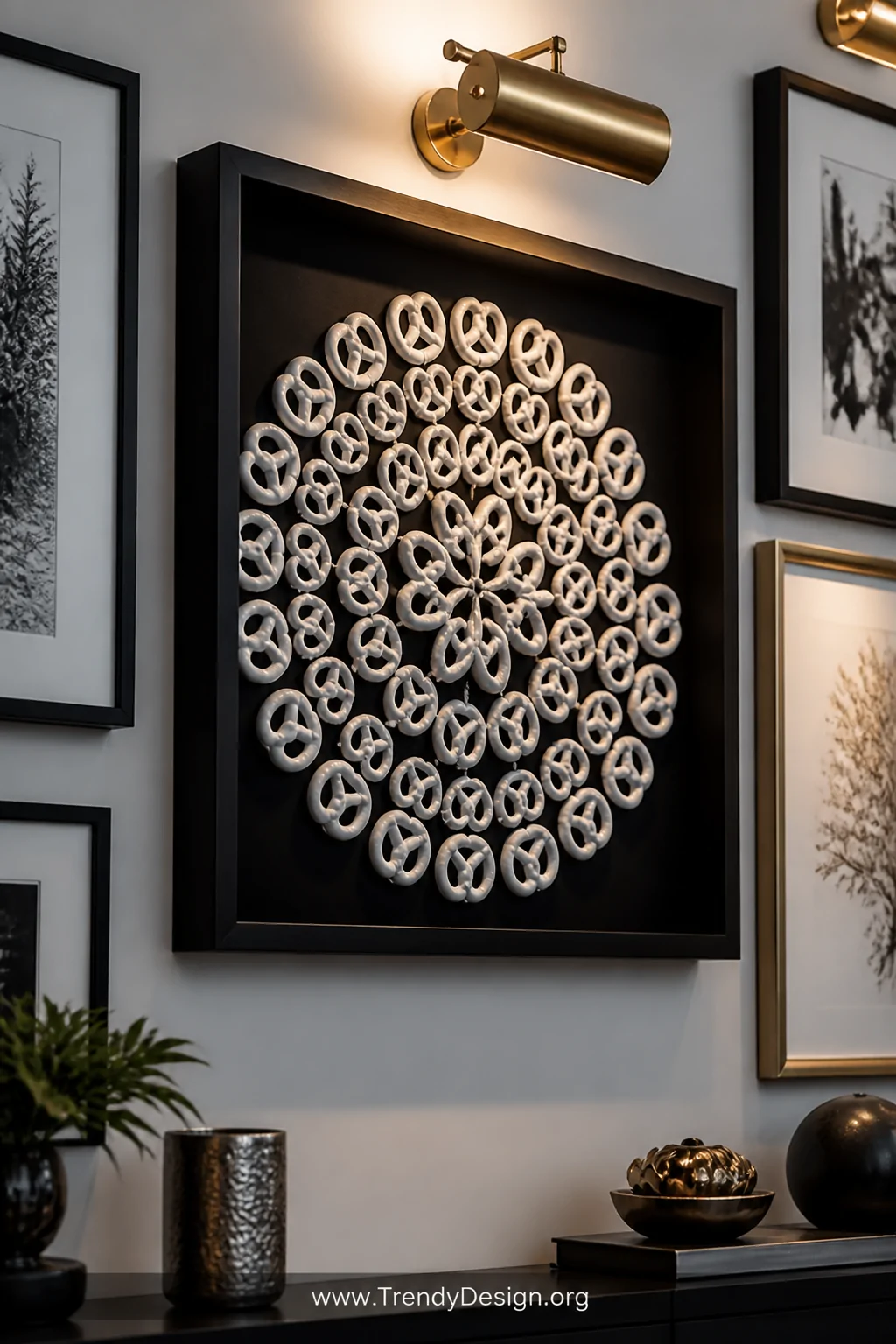 A medium shot of a styled gallery wall showcasing a deep shadow box frame with white-painted pretzels arranged in an intricat