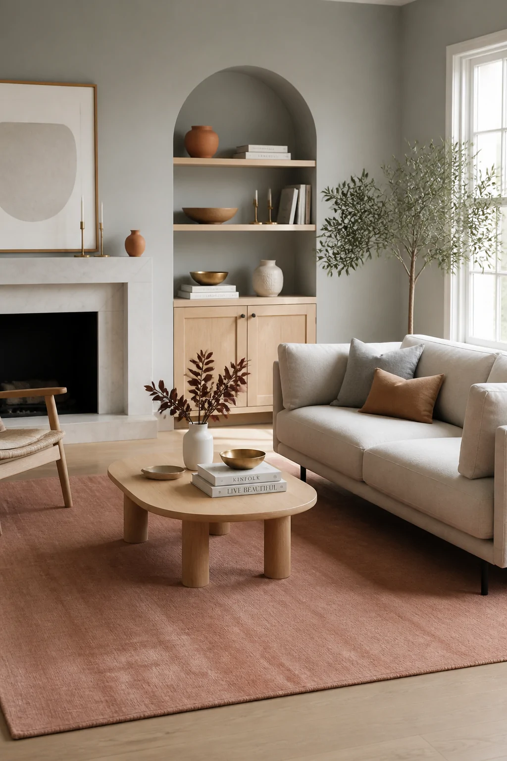 Medium-angle photorealistic shot of a Scandinavian-style living room featuring a muted earthy pink area rug layered over ligh