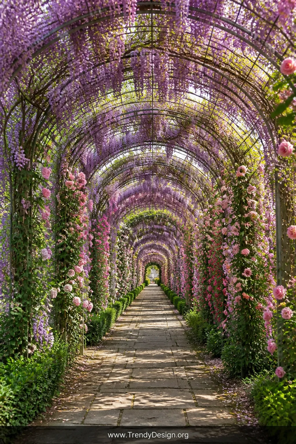 A wide ground-level perspective shot looking down a garden path lined with a continuous arched tunnel of bent hog wire panels