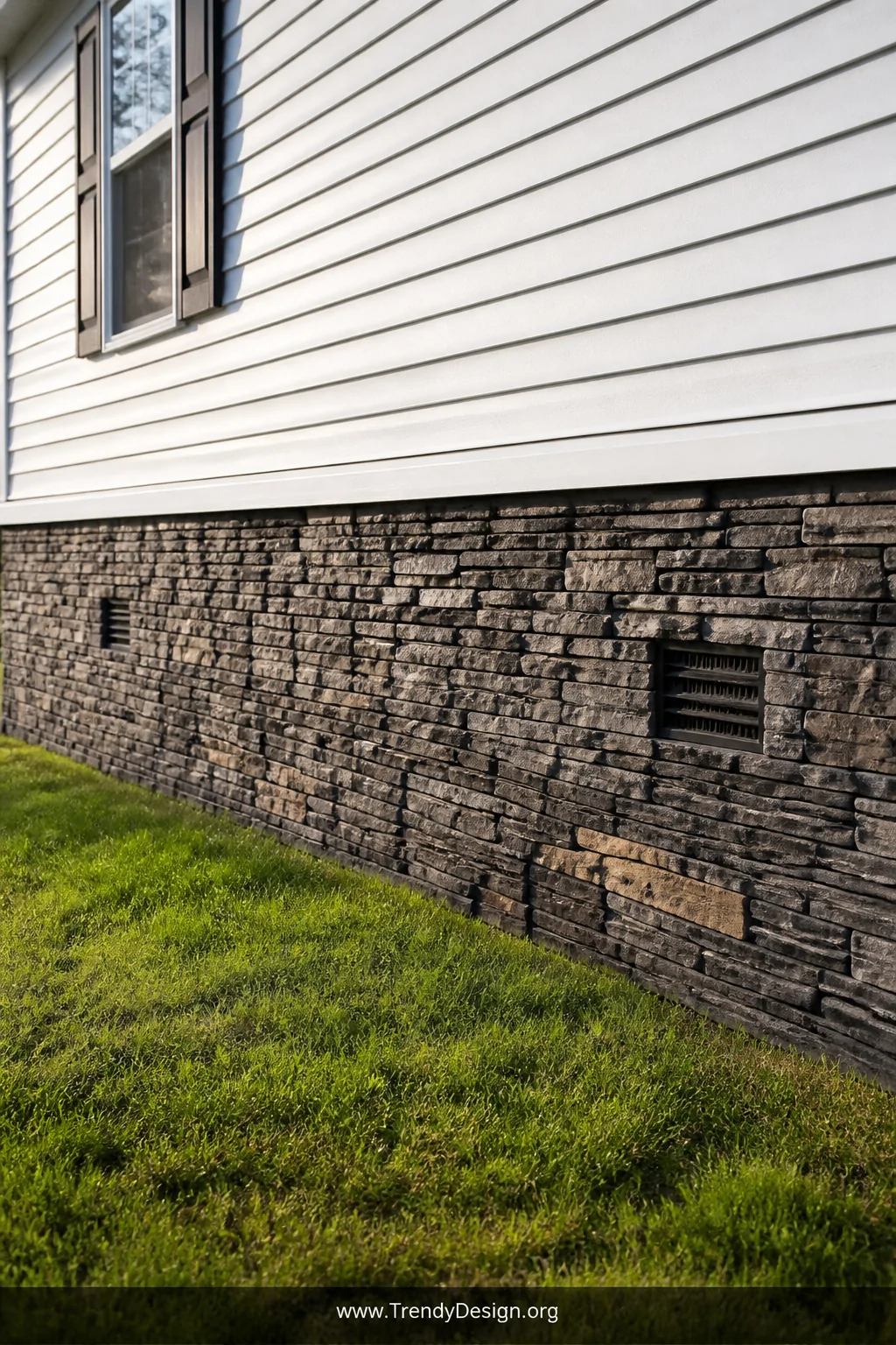 A wide exterior shot of a mobile home's lower foundation clad in richly textured faux stone skirting panels in warm charcoal 