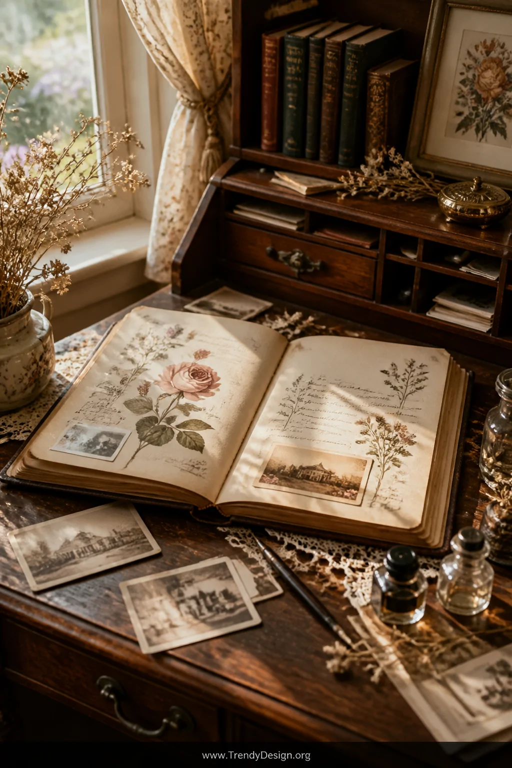 A wide shot of a sunlit Victorian writing desk styled with an open scrapbook album showing creamy tea-stained pages printed w