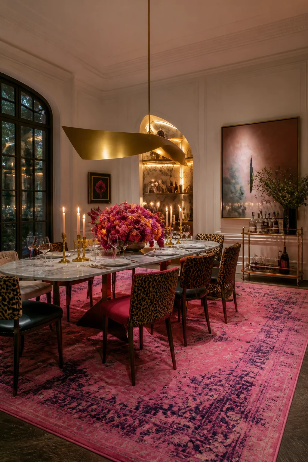 Wide photorealistic dining room shot with a bold pink statement rug extending generously beyond the legs of a marble-topped d
