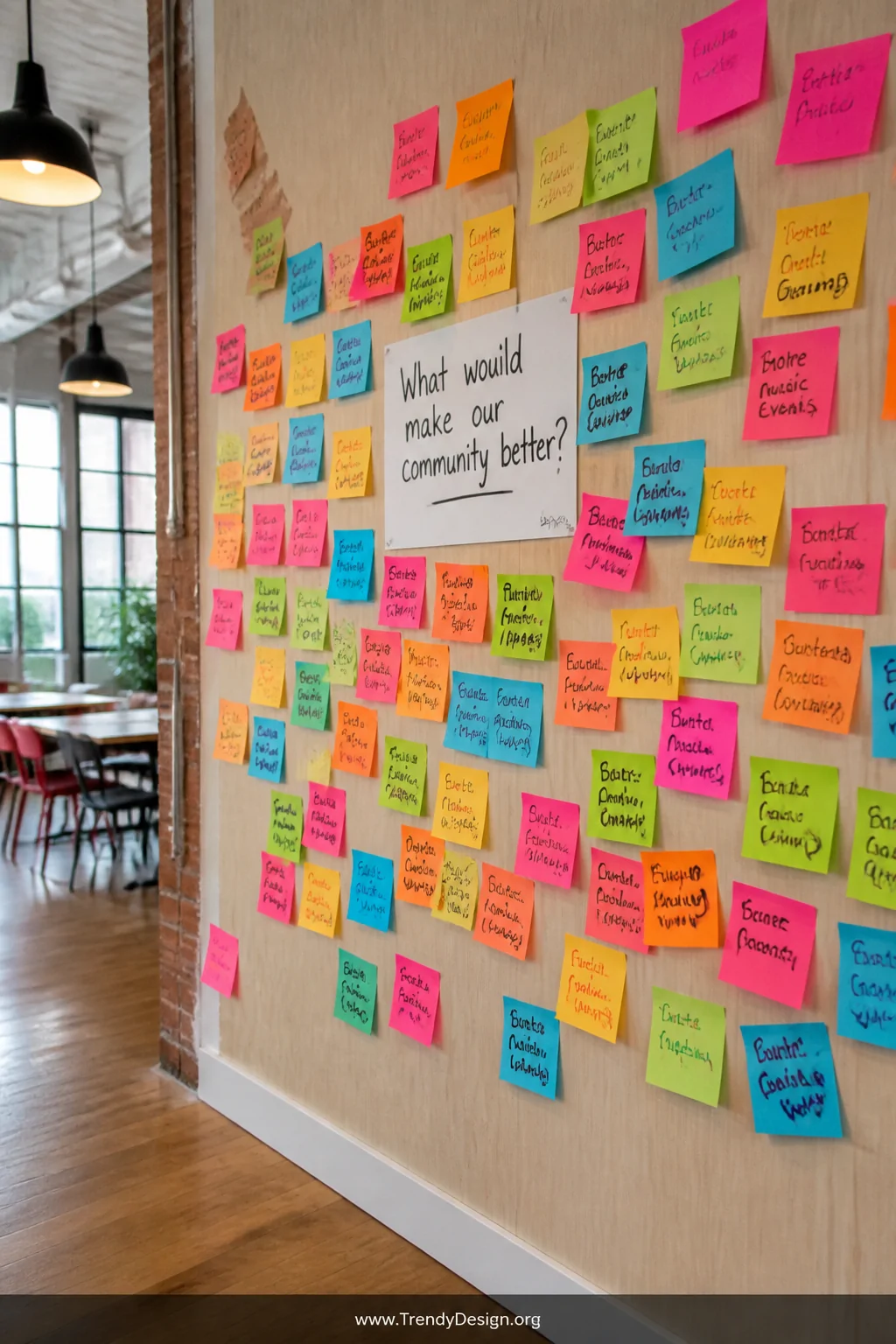 Wide-angle photorealistic shot of a bright co-working studio or classroom with a large communal wall completely covered in a 