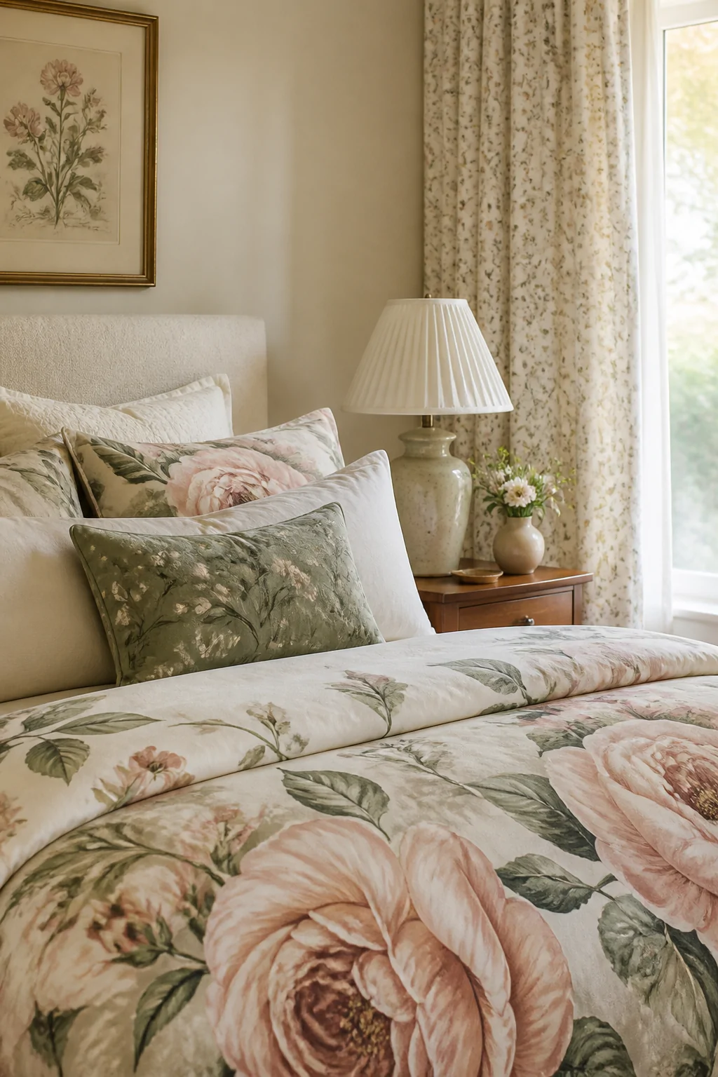 Medium shot of a layered bed styled with an oversized cabbage rose floral duvet as the hero piece, small delicate sprig-print