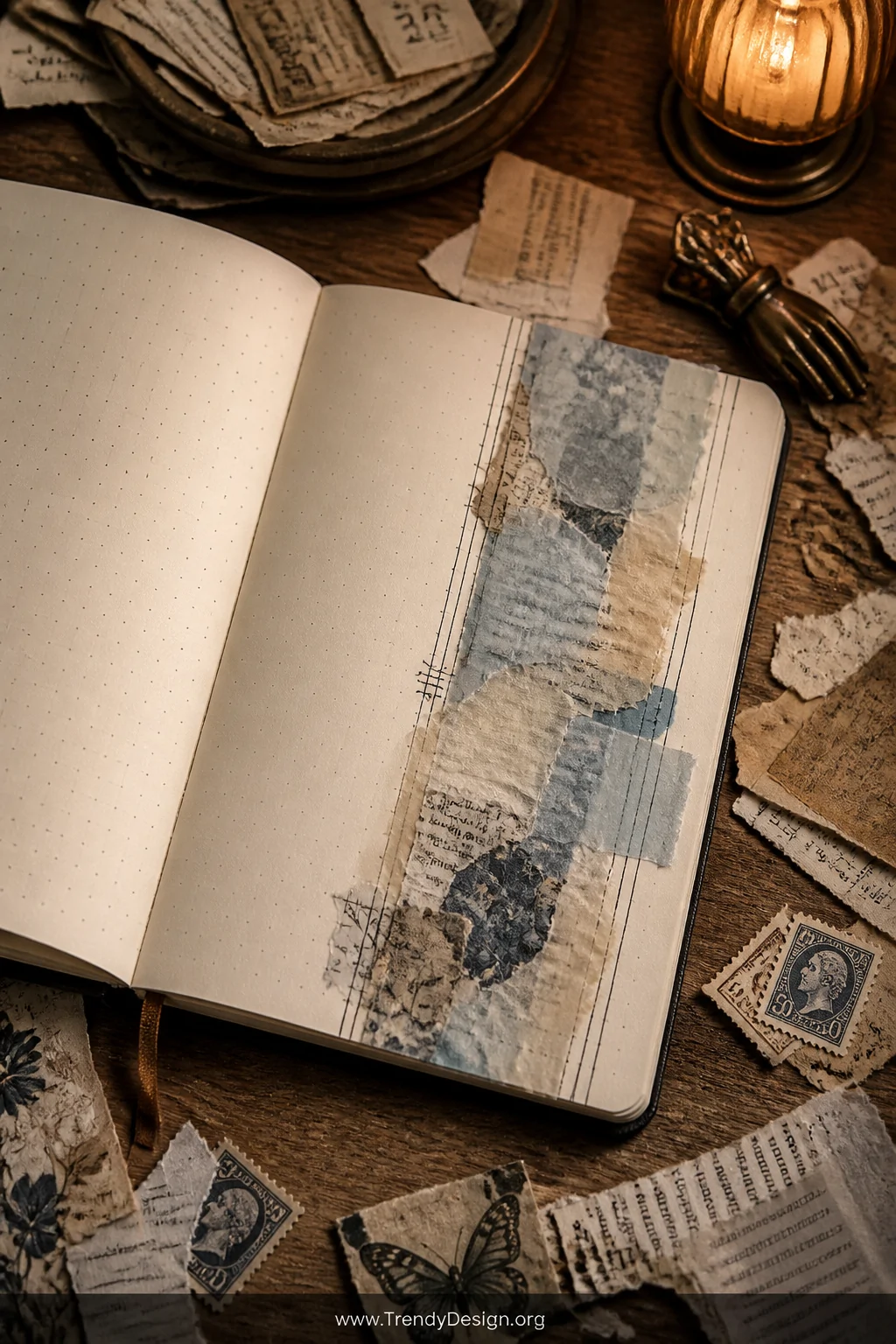 A wide detail shot of an open bullet journal on a rustic reclaimed wood surface surrounded by scattered torn paper scraps, vi