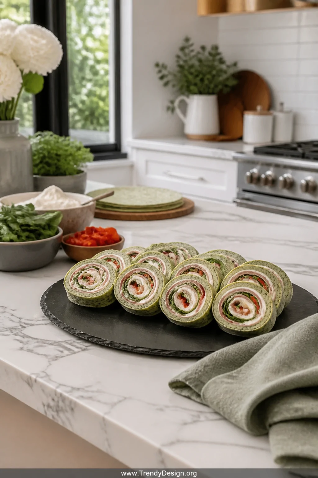 A medium shot of a white marble kitchen island styled with a large slate serving platter holding neatly sliced tortilla pinwh
