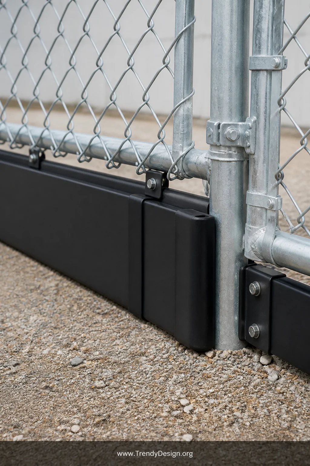 Close-up detail shot of a rigid black plastic gap guard system attached along the lower edge of a metal chain-link fence gate
