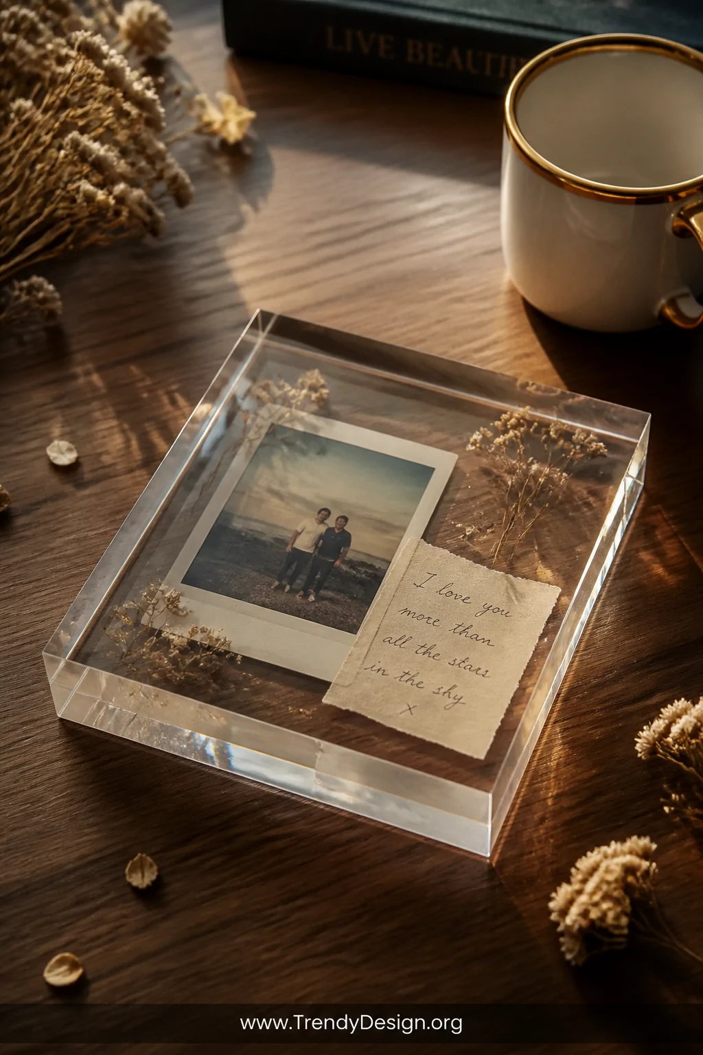 A medium shot of a flat lay arrangement on a warm walnut tabletop featuring a large clear resin block embedding a vintage pol