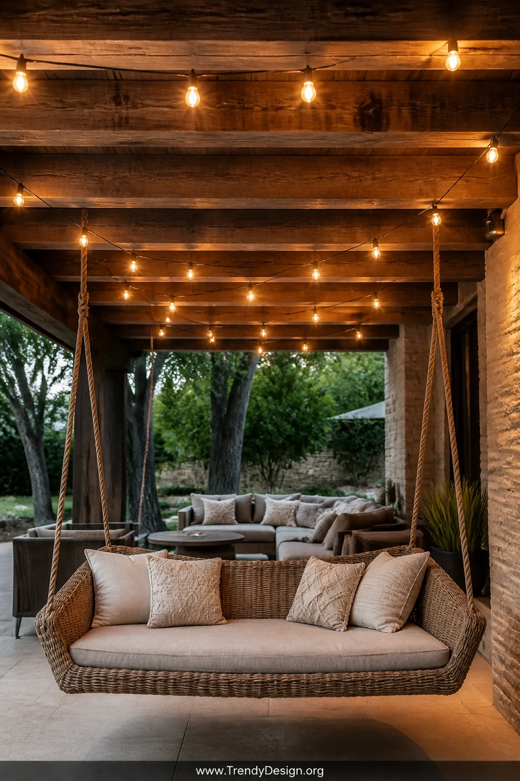 Medium photorealistic shot of the underside of a flat porch roof with evenly spaced deep walnut-stained reclaimed timber beam