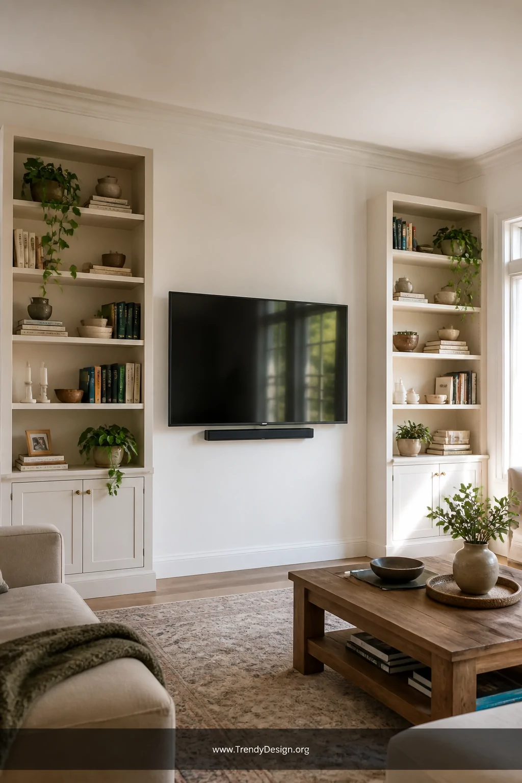 A wide room shot of two mismatched bookshelves painted the same warm white flanking a wall-mounted flatscreen TV, shelves sty