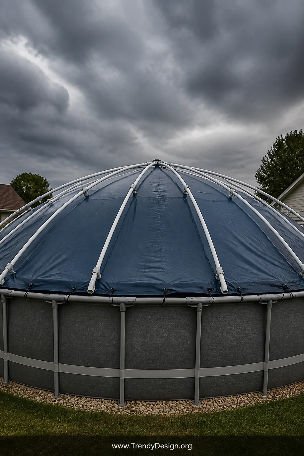 A wide dramatic shot of a low dome structure made from curved white PVC pipes arched symmetrically over a round above ground 