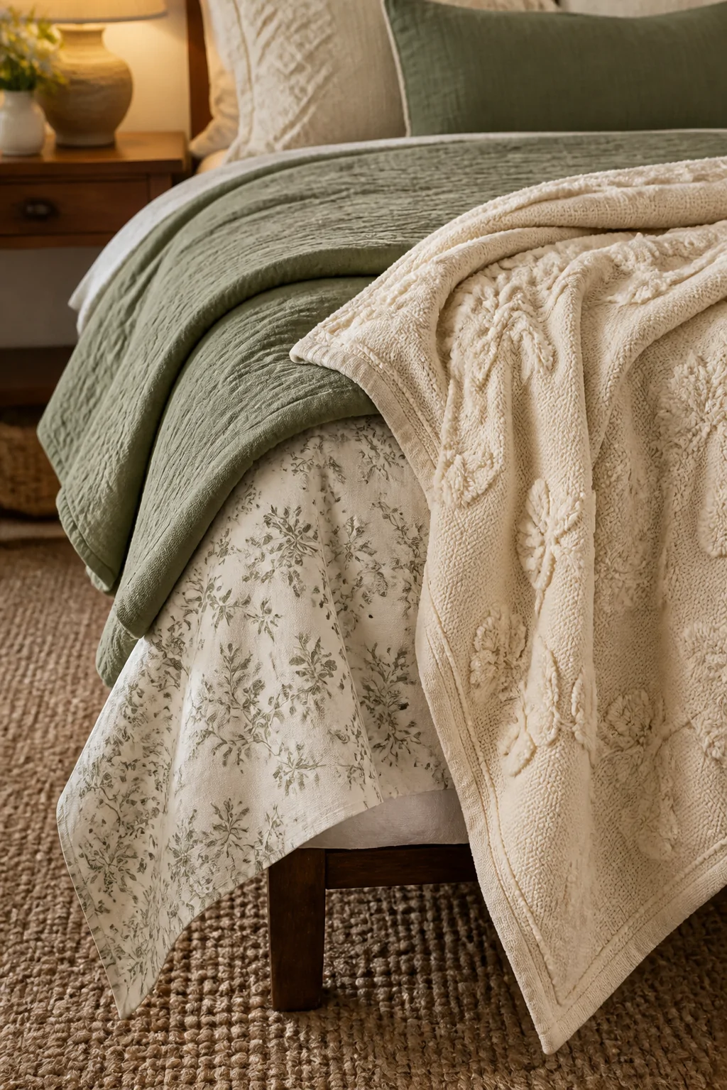 Close-up detail shot of the foot of a bed layered with a crisp cotton percale floral sheet as the base, a lightweight quilted