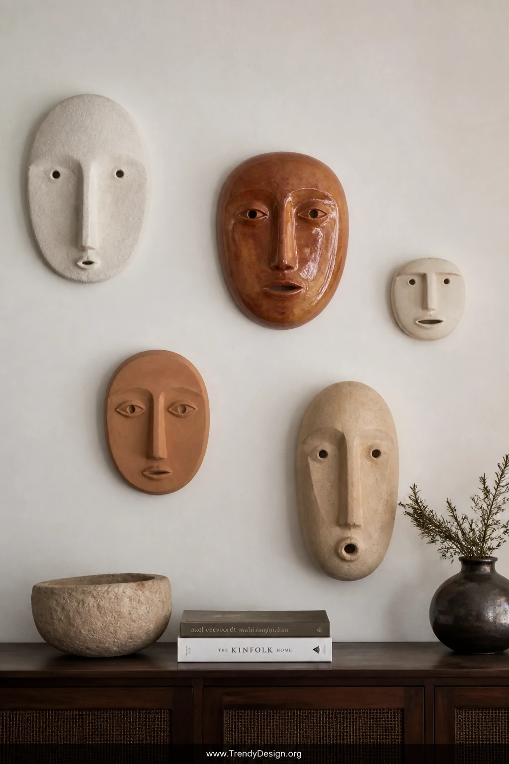 A wide medium shot of a gallery wall arrangement featuring clay head masks of varying sizes and finishes   a matte white abst