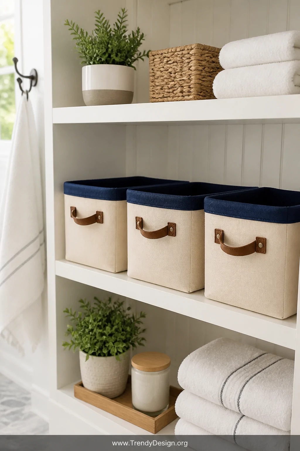 A styled medium shelf shot of three fabric storage baskets in thick structured natural canvas with contrast navy linen inner 