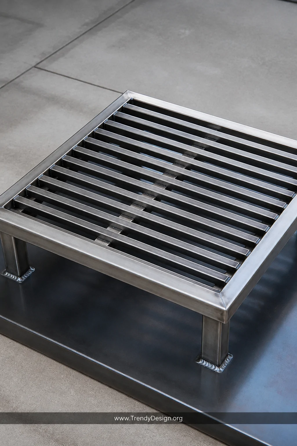 A medium shot of a precision-welded square steel tube grill grate with uniform spacing between flat-topped bars, mounted on s