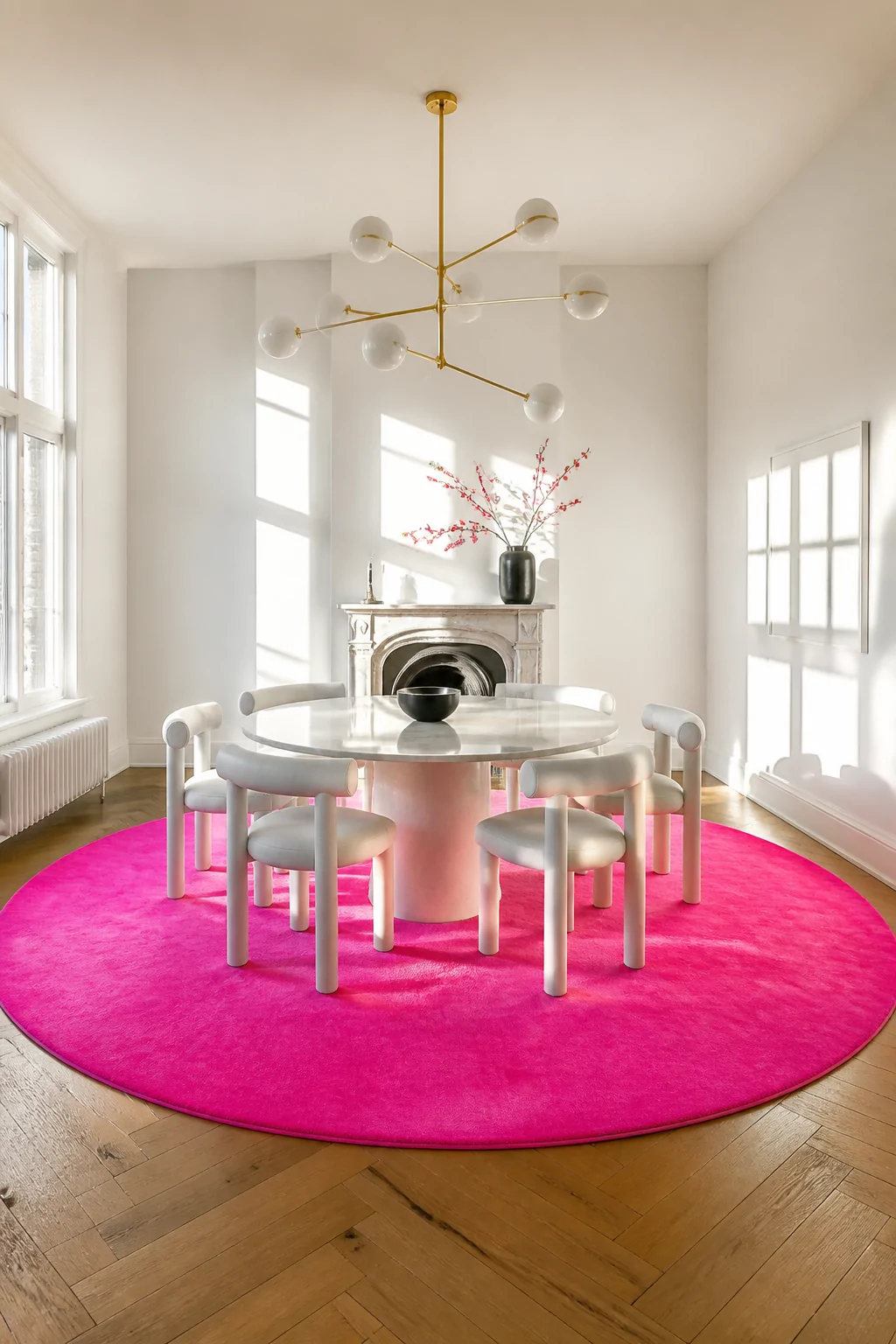 Wide room shot of a bold dining room centered on a vibrant hot pink low-pile round rug beneath a round white dining table wit