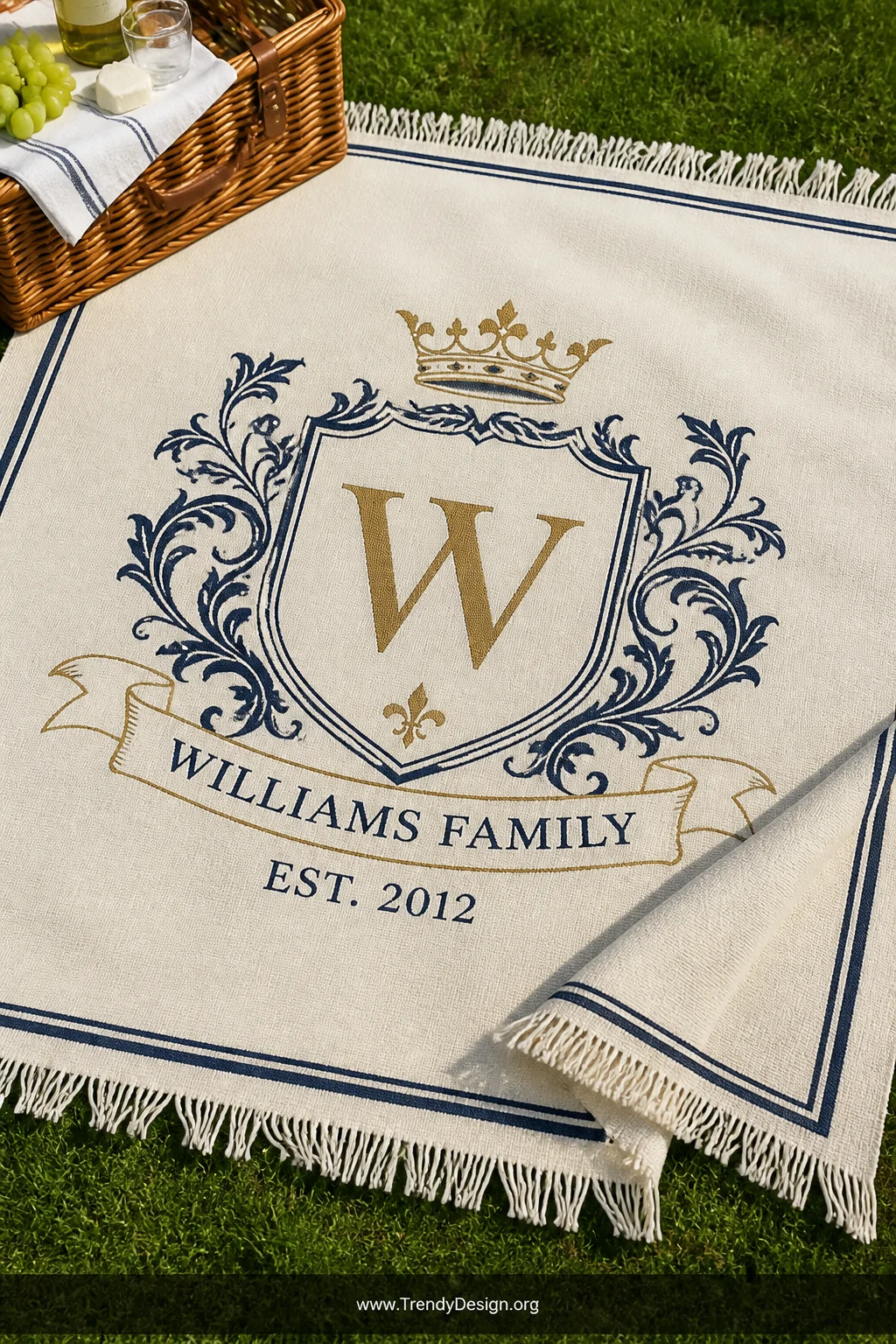 A close-up medium shot of a custom printed woven cotton picnic blanket featuring an elegant illustrated family crest monogram