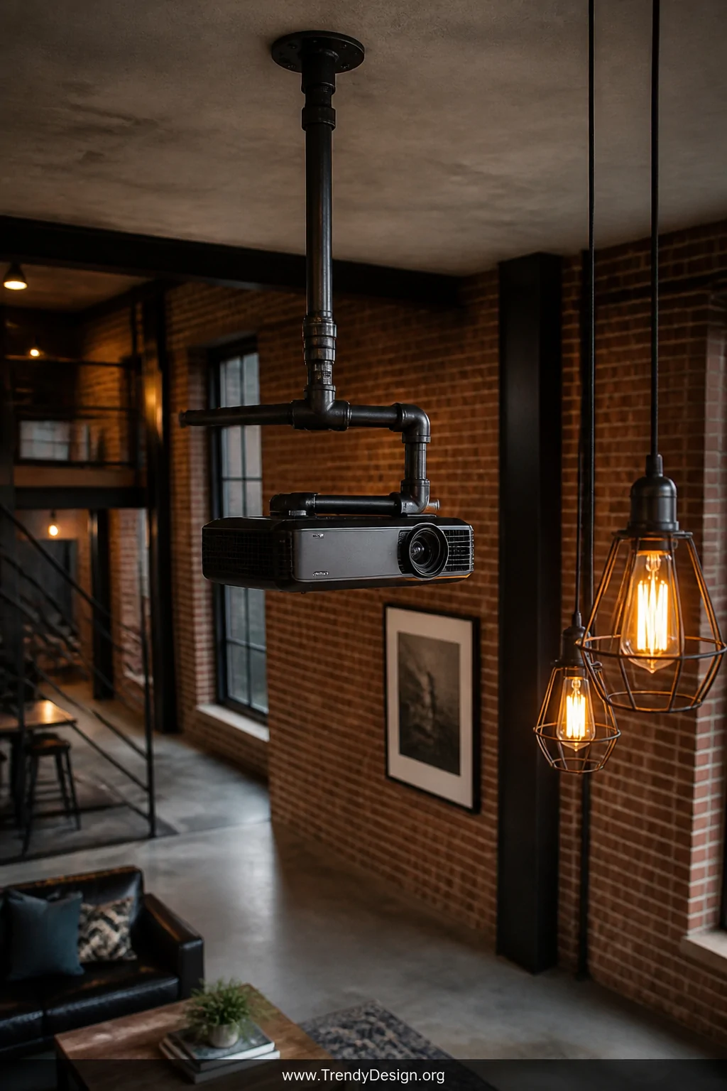 Medium shot of an industrial loft space with exposed red brick walls, high ceilings, and a black iron pipe projector mount as
