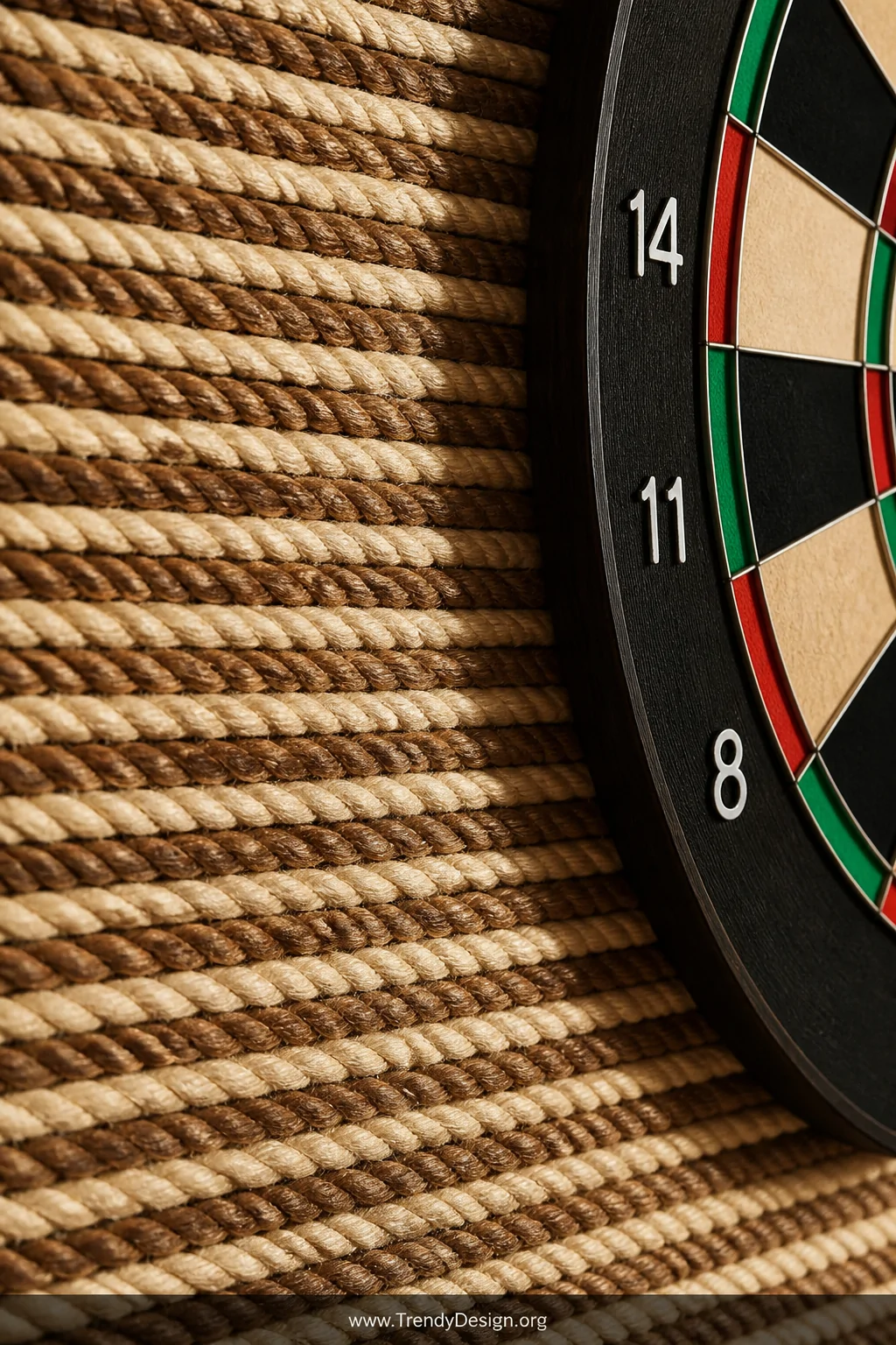 A closeup detail shot of a natural sisal rope-wrapped plywood panel behind a dartboard, tightly wound half-inch diameter jute